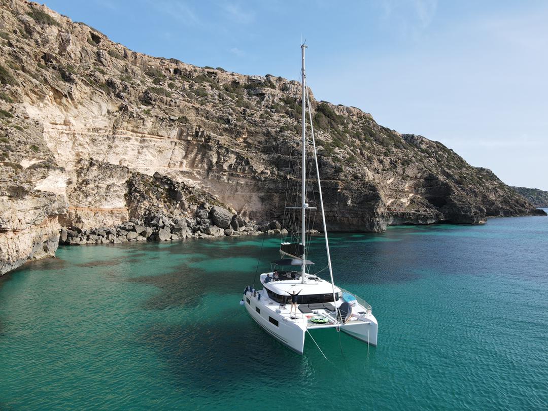 Aerial view near Marina Santa Eulalia, A Toda Vela Charter base in Ibiza