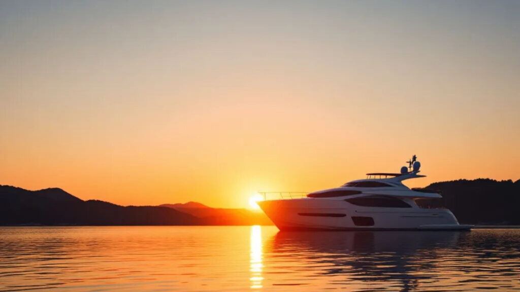 Yacht sailing at sunset in the Balearic Islands