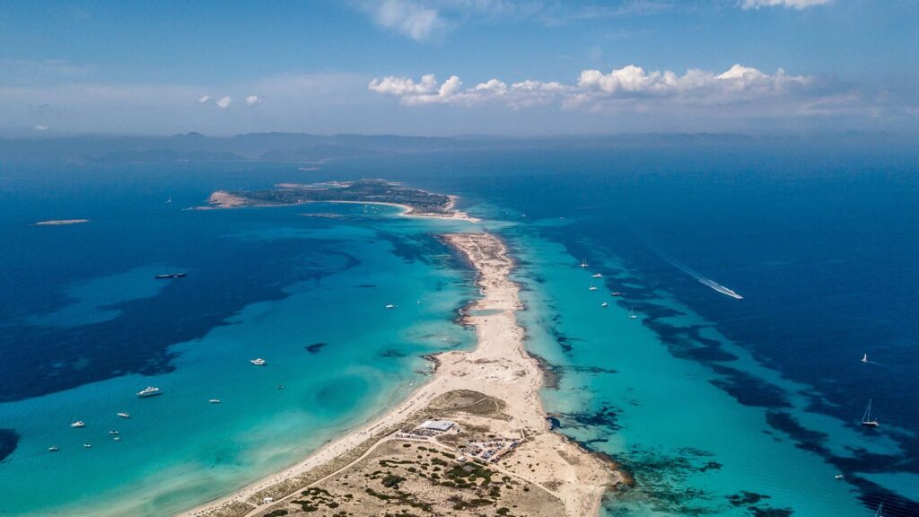 Ses Illetes beach, Formentera, aerial view for boat rental